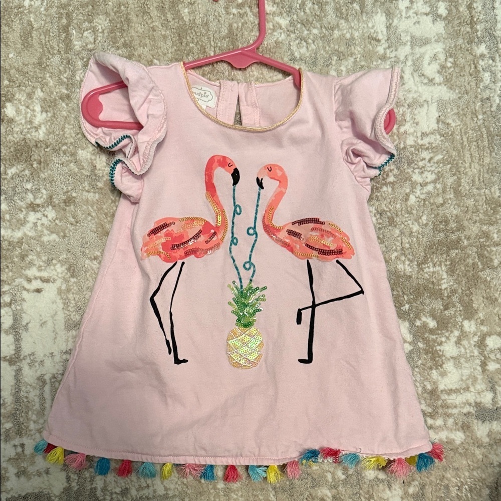 Mudpie Pink toddler top with a colorful flamingo and pineapple graphic- 24M /2T